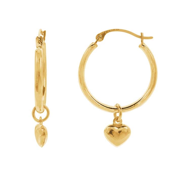 14K Yellow Gold Heart Charm Hoop Earring